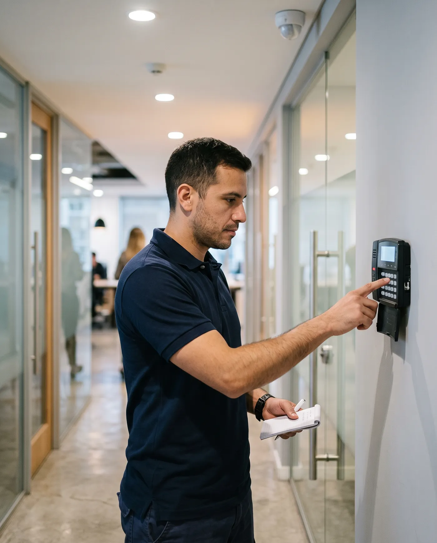 Técnico configurando el teclado de una alarma de intrusión en un pasillo de oficinas