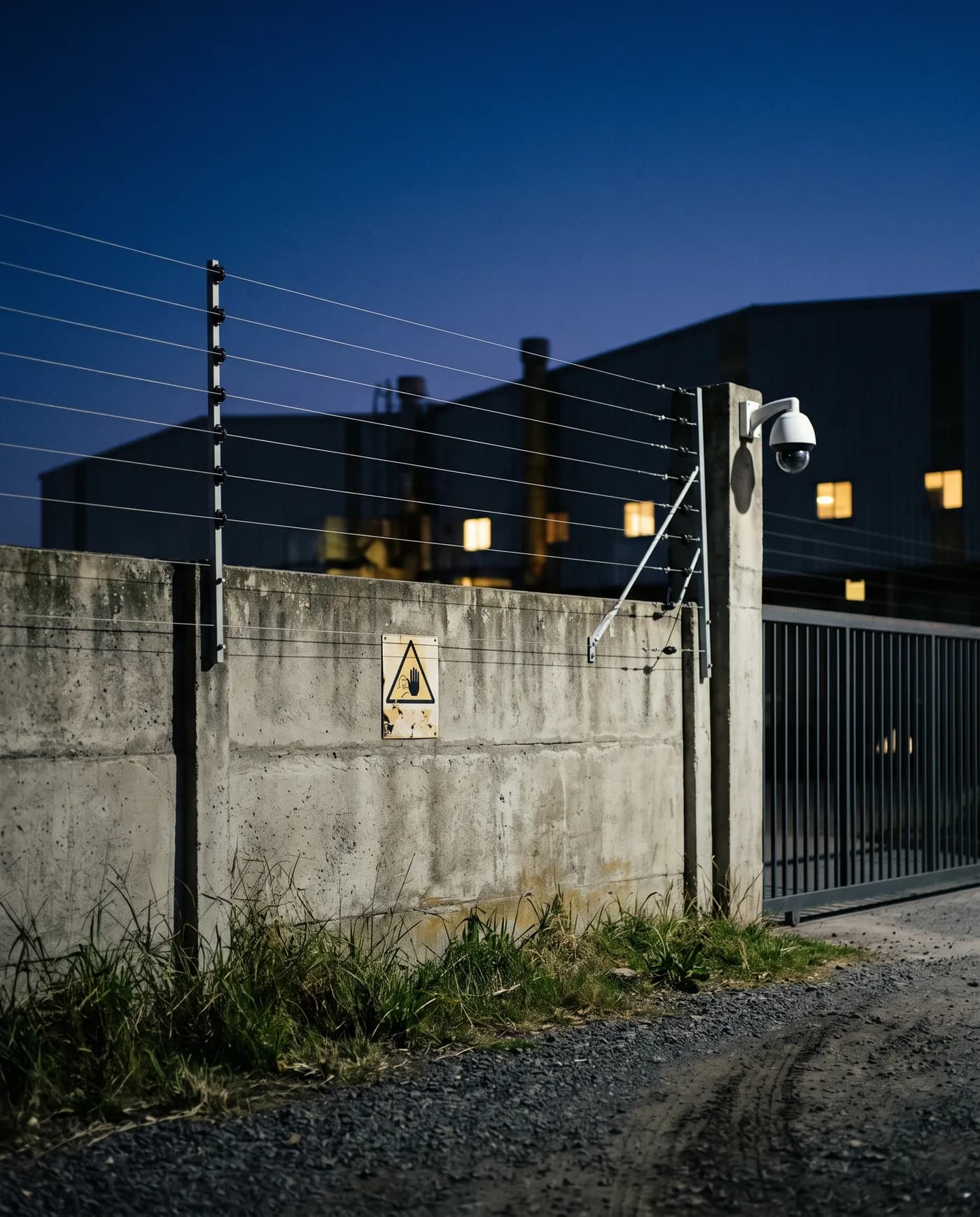 Cerco eléctrico perimetral sobre un muro de hormigón, con cámara domo y cartel de advertencia