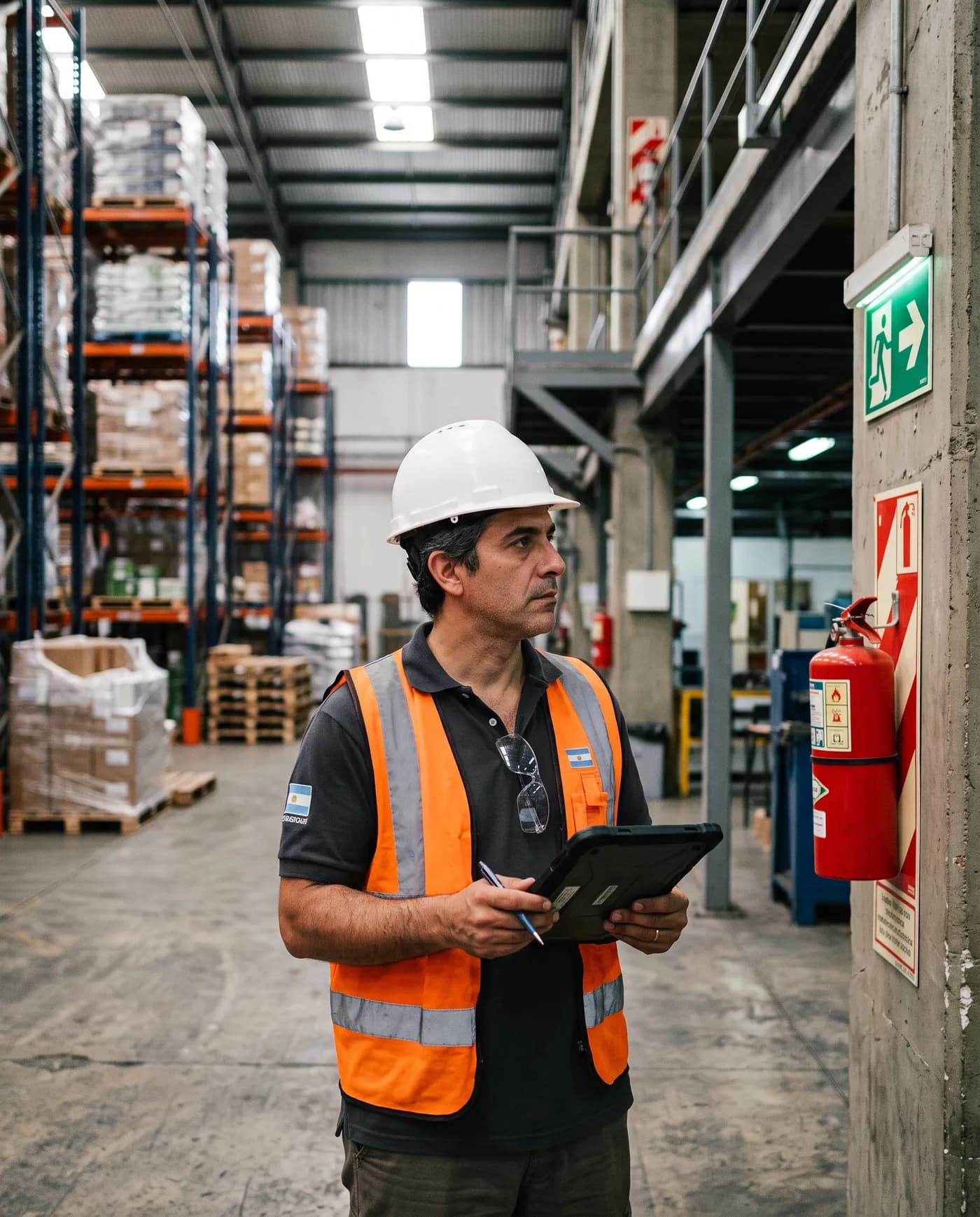 Técnico en seguridad e higiene con casco y tablet inspeccionando un depósito industrial